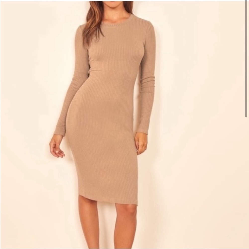 Reformation tan long sleeve knit midi dress